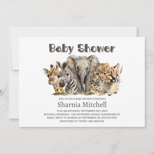 アフリカのサファリの動物の赤ちゃんシャワー 招待状 (正面)