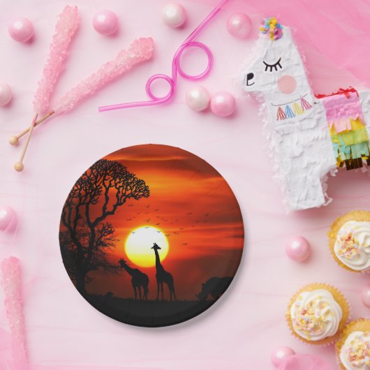 アフリカのサファリの日没動物のシルエット ペーパープレート (パーティー)