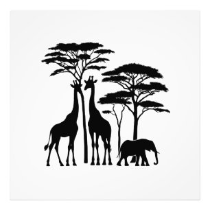 アフリカのサファリシルエット – Giraffes, Elephant, an フォトプリント