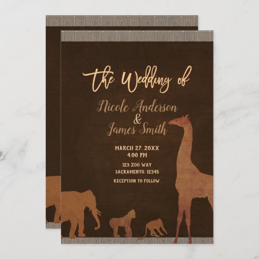 アフリカのサファリジャングル動物園のビンテージウェディング 招待状 (正面/裏面)