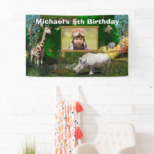 アフリカのサファリ動物の森林動物園の誕生日写真 横断幕 (インサイチュ)
