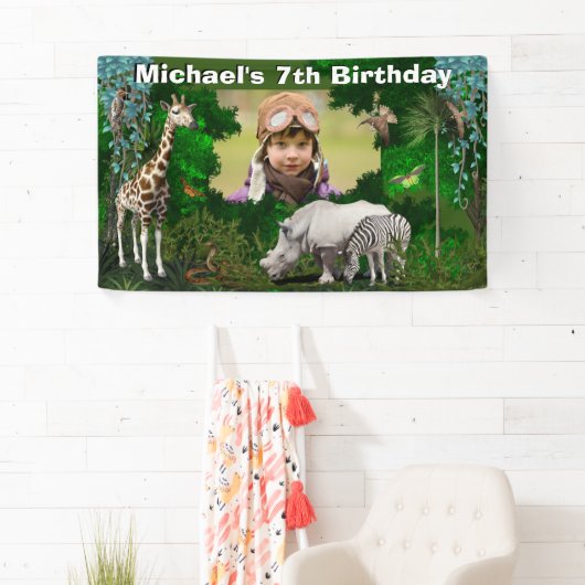 アフリカのサファリ動物の森林地帯の写真の誕生日 横断幕 (インサイチュ)