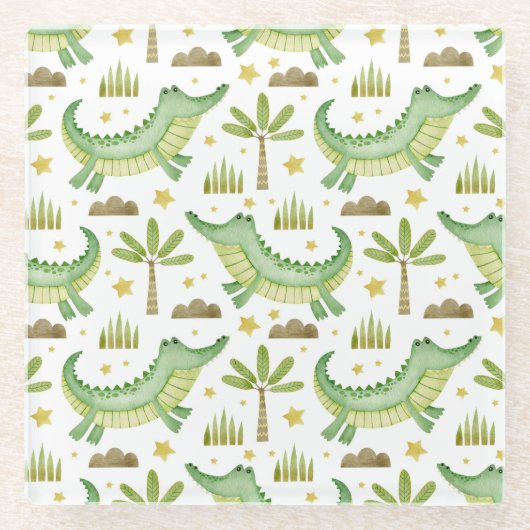 アフリカのサファリ:水の色のワニとヤシの木 ガラスコースター (正面)