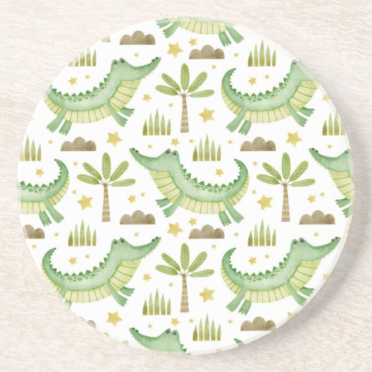 アフリカのサファリ:水の色のワニとヤシの木 コースター (正面)