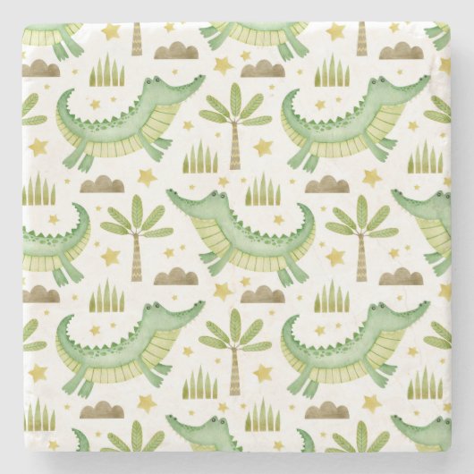 アフリカのサファリ：水の色のワニとヤシの木 ストーンコースター (正面)