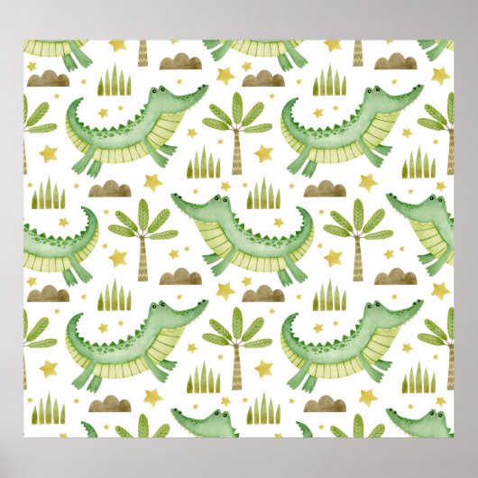 アフリカのサファリ：水の色のワニとヤシの木 ポスター (正面)