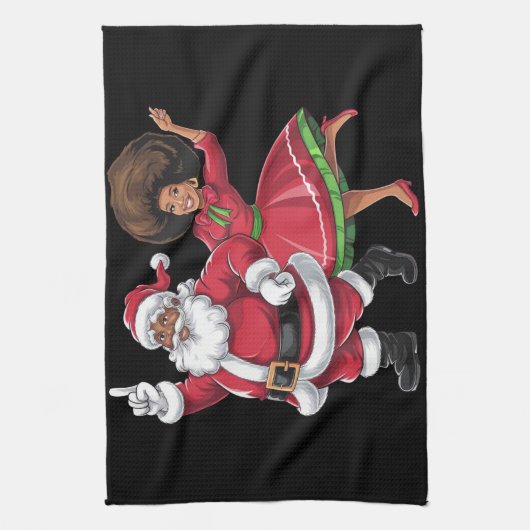 アフリカのサンタ夫人クロース踊りアメリカのクリスマス キッチンタオル (縦)