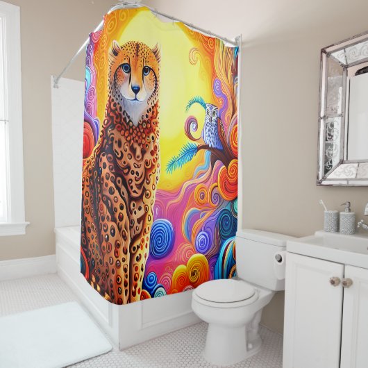 アフリカのチーターとフクロウと太陽の色の渦巻き旋回 シャワーカーテン (インサイチュ)
