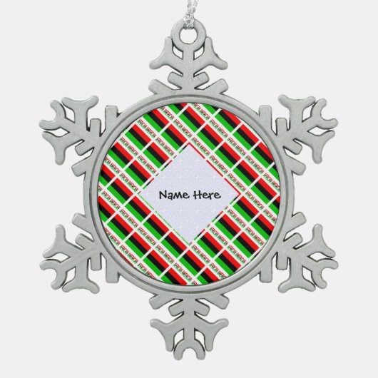 アフリカのディアスポラまたはアメリカ国旗のタイル個人用 スノーフレークピューターオーナメント (正面)