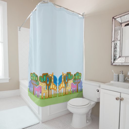 アフリカのフォークアートの様式化されたジャングル動物 シャワーカーテン (インサイチュ)