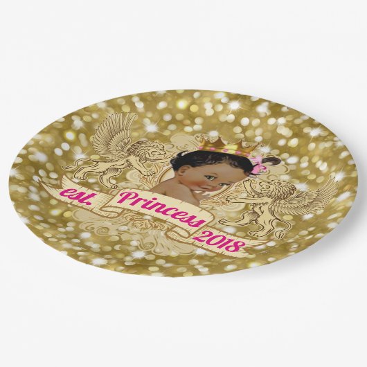 アフリカのプリンセスのピンクおよび金ゴールドのグリッターのプレート ペーパープレート (アングル)