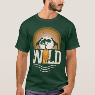 アフリカのライオンとキリンのレトロな野生動物 Tシャツ