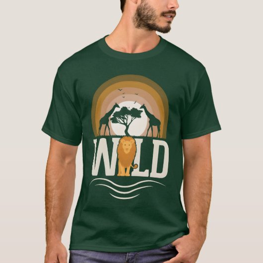 アフリカのライオンとキリンのレトロな野生動物 Tシャツ (正面)