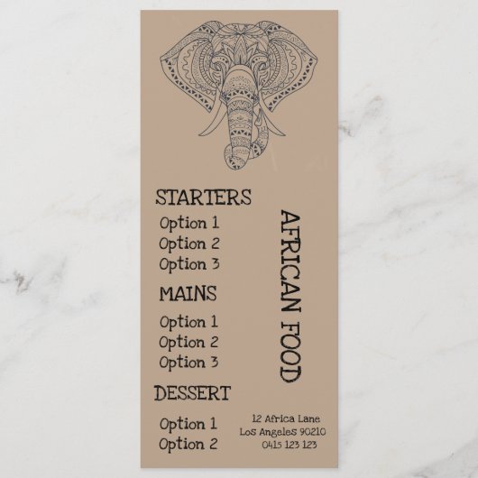アフリカのレストランの夕食メニュー メニュー (正面)