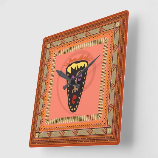 アフリカの仮面 スクエア壁時計 (傾斜)