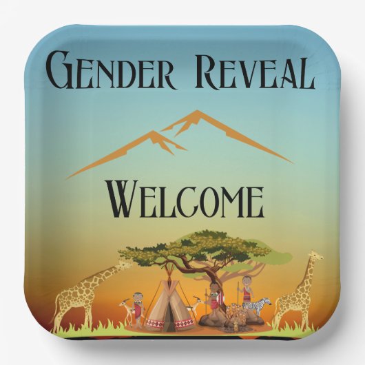 アフリカの動物の性別表示エンクロージャカード ペーパープレート (正面)