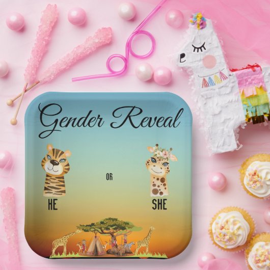 アフリカの動物の性別表示エンクロージャカード ペーパープレート (パーティー)