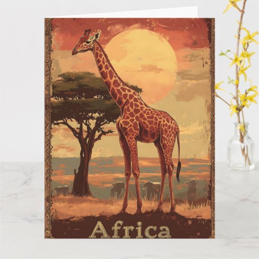 アフリカの夕日とキリン – ヴィンテージ旅行ポスター カード (黄色い花)