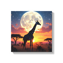 アフリカの夕日と月とキリン キャンバス