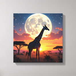 アフリカの夕日と月とキリン キャンバス