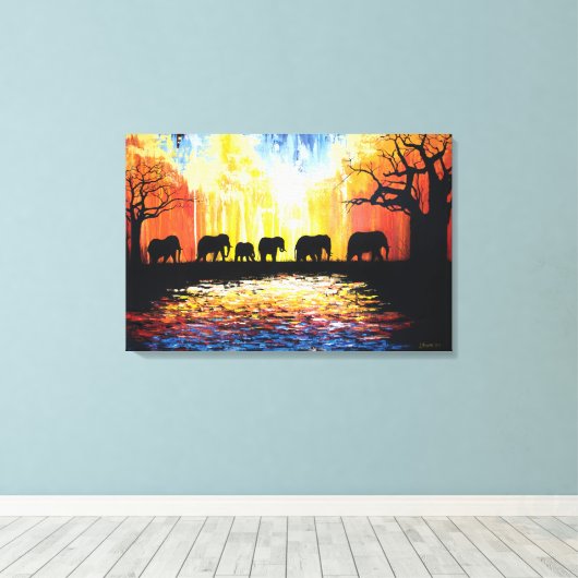 アフリカの夕日と象 – 油絵 キャンバスプリント (インサイチュ (ウッドフロア))