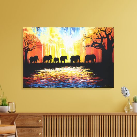 アフリカの夕日と象 – 油絵 キャンバスプリント (インサイチュ (リビング))