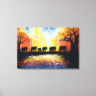 アフリカの夕日と象 – 油絵 キャンバスプリント