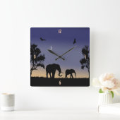 アフリカの夜明け – 象 スクエア壁時計 (ホーム)