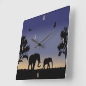 アフリカの夜明け – 象 スクエア壁時計 (傾斜)