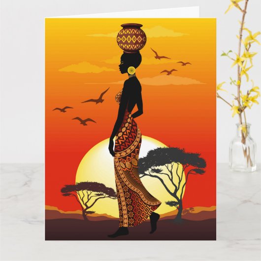 アフリカの太陽に輝くアフリカの美しい女性のシルエット カード (黄色い花)