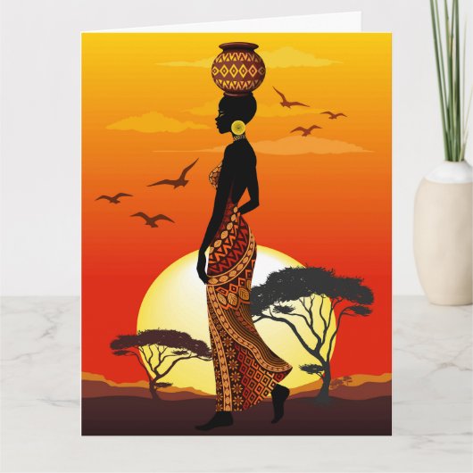 アフリカの太陽に輝くアフリカの美しい女性のシルエット カード (正面)