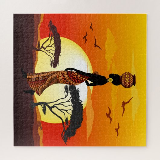 アフリカの太陽に輝くアフリカの美しい女性のシルエット ジグソーパズル (横)