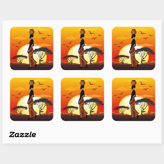 アフリカの太陽に輝くアフリカの美しい女性のシルエット スクエアシール (シート)