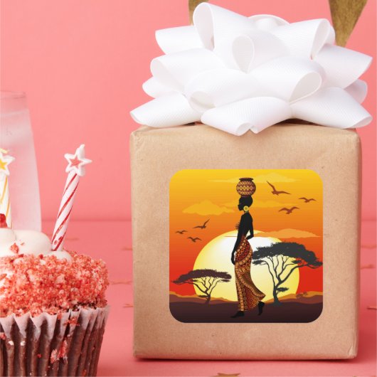 アフリカの太陽に輝くアフリカの美しい女性のシルエット スクエアシール (パーティー)