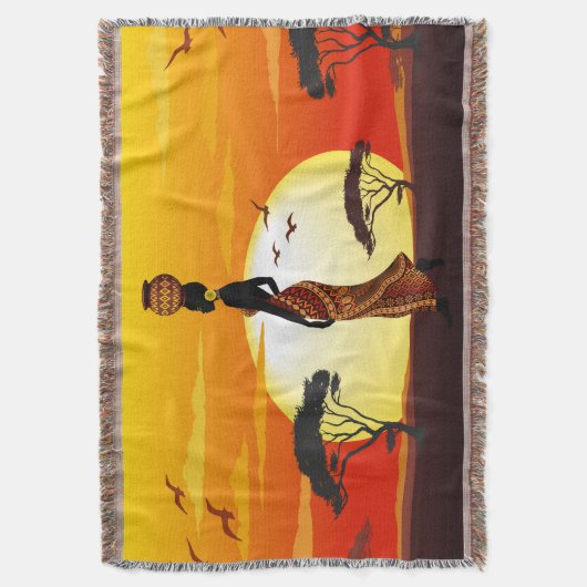 アフリカの太陽に輝くアフリカの美しい女性のシルエット スローブランケット (正面縦)