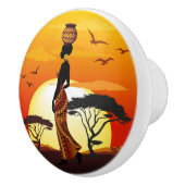 アフリカの太陽に輝くアフリカの美しい女性のシルエット セラミックノブ (右)