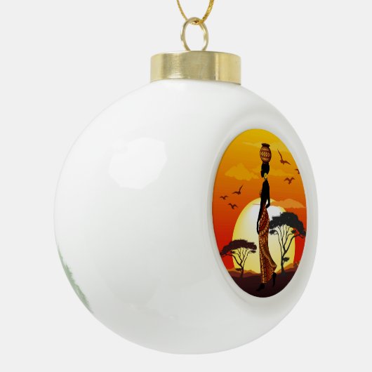 アフリカの太陽に輝くアフリカの美しい女性のシルエット セラミックボールオーナメント (左)
