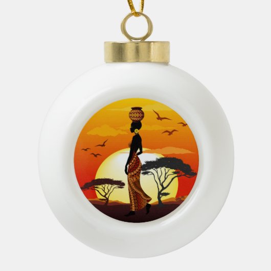 アフリカの太陽に輝くアフリカの美しい女性のシルエット セラミックボールオーナメント (正面)