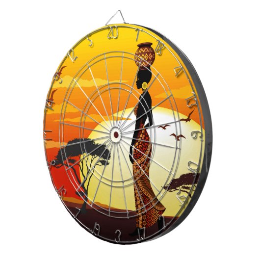 アフリカの太陽に輝くアフリカの美しい女性のシルエット ダーツボード (正面右)