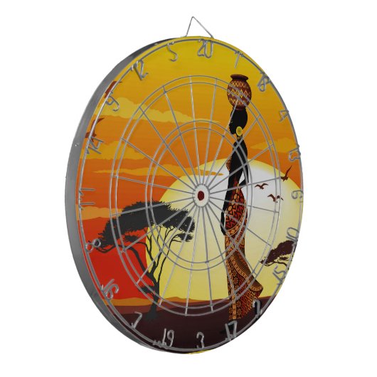 アフリカの太陽に輝くアフリカの美しい女性のシルエット ダーツボード (正面左)