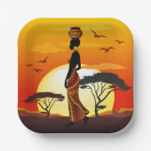 アフリカの太陽に輝くアフリカの美しい女性のシルエット ペーパープレート (正面)