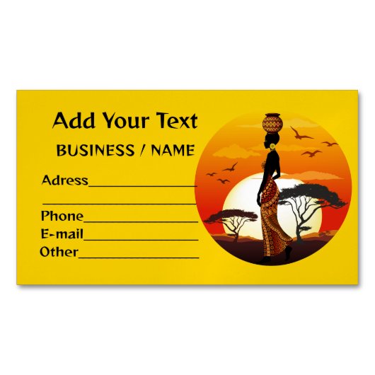 アフリカの太陽に輝くアフリカの美しい女性のシルエット マグネット名刺 (正面)