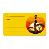 アフリカの太陽に輝くアフリカの美しい女性のシルエット ラベル (正面)