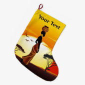 アフリカの太陽に輝くアフリカの美しい女性のシルエット ラージクリスマスストッキング (正面 (吊り時))