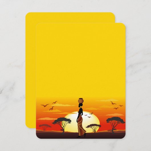 アフリカの太陽に輝くアフリカの美しい女性のシルエット 出欠カード (正面/裏面)