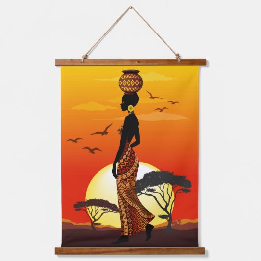 アフリカの太陽に輝くアフリカの美しい女性のシルエット 吊り下げ型タペストリー (正面)
