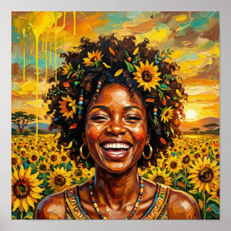 アフリカの女性ヒマワリの芸術、黒人の女性の壁の芸術 ポスター
