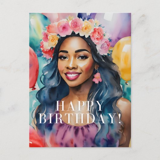 アフリカの女性 カラフル ハッピー バースデー 風船 ポストカード (正面)