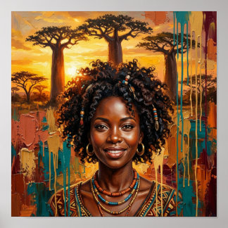 アフリカの女王の夕焼け ブラックウーマンの壁掛けアート ポスター