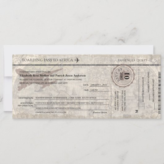 アフリカの搭乗券の結婚式招待状 招待状 (正面)